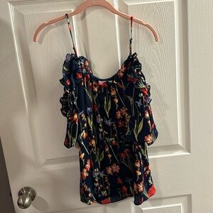 Parker Navy Red Yellow Floral Print Ruffle Off Shoulder Short Sleeve Top Blouse